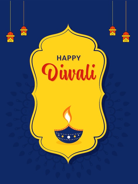 Feliz diwali celebração cartão com lâmpada de óleo ardente diya pendurando lâmpadas em amarelo e azul mandala de fundo