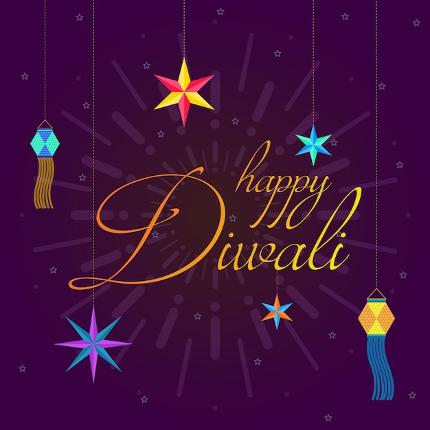 Feliz diwali com lanternas e ilustração vetorial premium de brilho