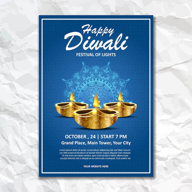 Feliz diwali diya luzes design de brochura folheto de papel modelo de cartaz de parede de panfleto festival deepavali