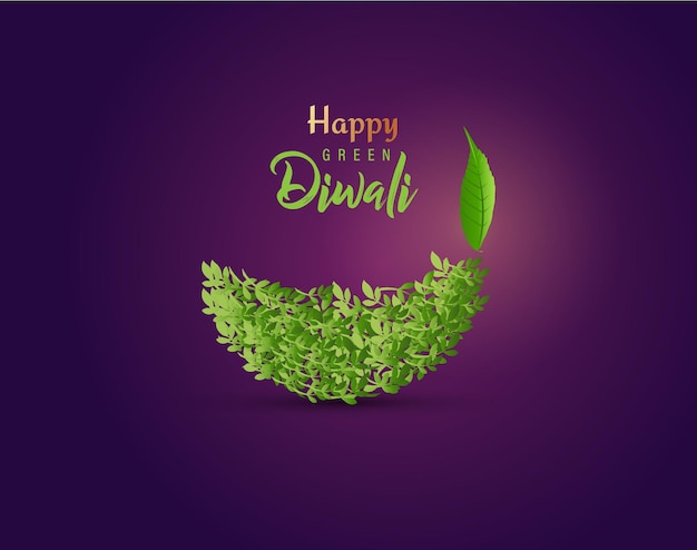 Feliz Diwali Festival - Lâmpadas verdes de Diya acesas durante a celebração de Diwali conceito de eco de folha verde.