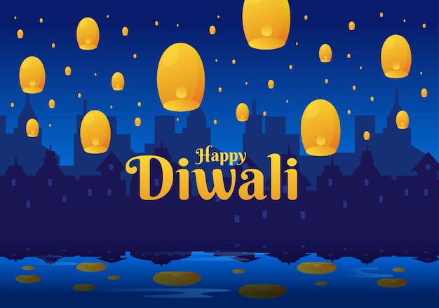 Feliz diwali hindu festival ilustração vetorial de fundo com lanternas, fogos de artifício de iluminação, pavão e mandala ou arte de rangoli para cartaz, modelo de cartão de felicitações