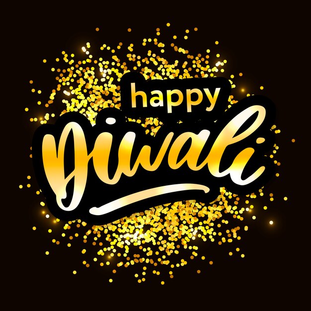 Feliz Diwali. Texto manuscrito pincel preto, riscas de ouro. Letras bonitas convite, saudação