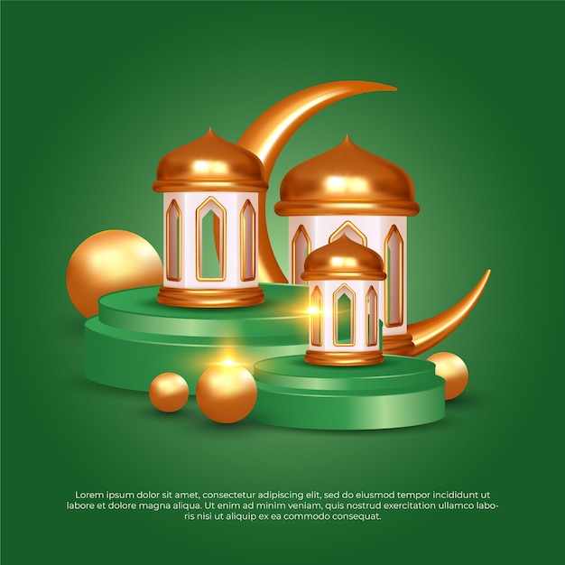 Feliz Eid al adha mubarak 3d dourado e verde lua lâmpada bola islâmica belo fundo