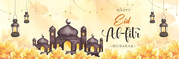 Vetor feliz eid al fitr mubarak banner com mesquita e flores de ouro aquarela de fundo