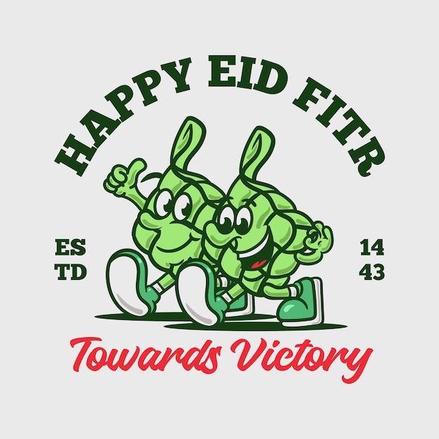 Feliz eid fitr ketupat personagens de desenhos animados vetor logotipo de mascote da moda perfeito para design de camiseta de cartão de saudações