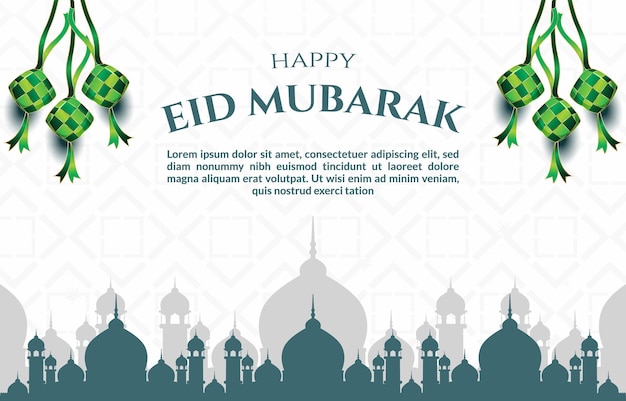 Feliz eid mubarak banner com citação e belo ornamento islâmico dourado brilhante e design de fundo gradiente abstrato branco e azul