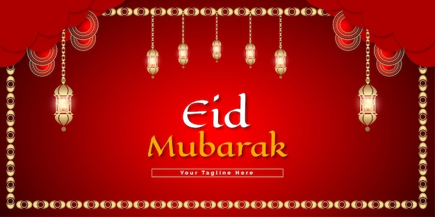 Feliz eid mubarak design de baner de fundo de cor dourada e vermelha