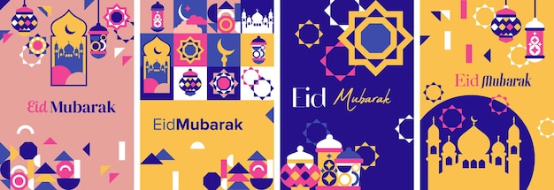 Feliz eid mubarak modelo de cartaz de banner geométrico fundo islâmico e ilustração de capa de livro