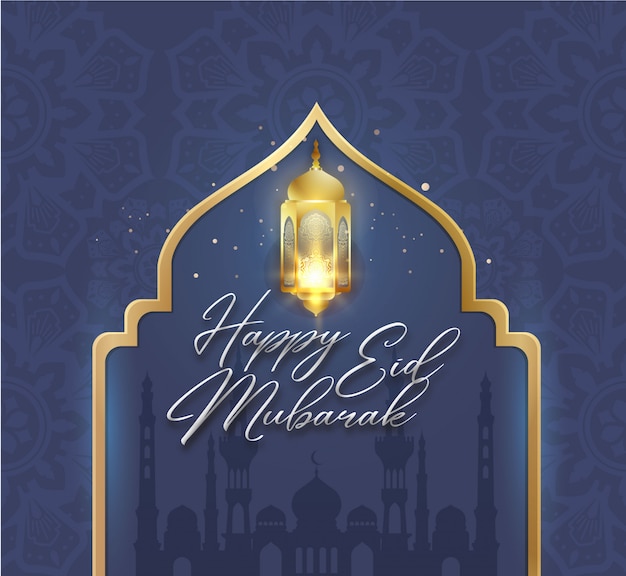 Vetor feliz eid mubarak no tema cor de ouro azul com lanterna