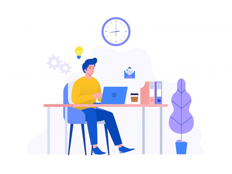 Vetor feliz empresário trabalhando com o laptop no conceito de ilustração de escritório, sorrindo empregado usando computador e tomando café, pode usar para, página inicial, modelo, interface do usuário, web, página inicial, cartaz,