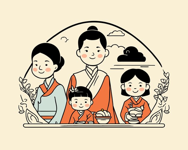 Vetor feliz família asiática tradicional posando juntos no ano novo chinês