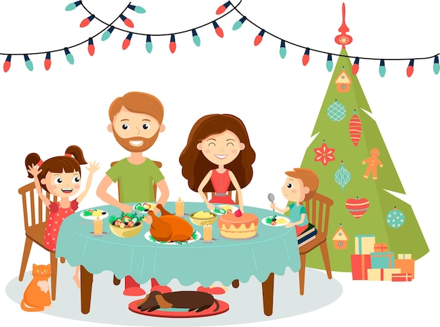 Feliz família jantar de natal comemorando o ano novo ilustração em vetor de férias de inverno