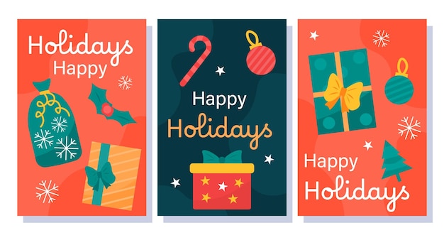 Feliz feriado de inverno bandeiras conjunto de ano novo e Natal capas ou cartazes caixa de presente e bolsa de pacote