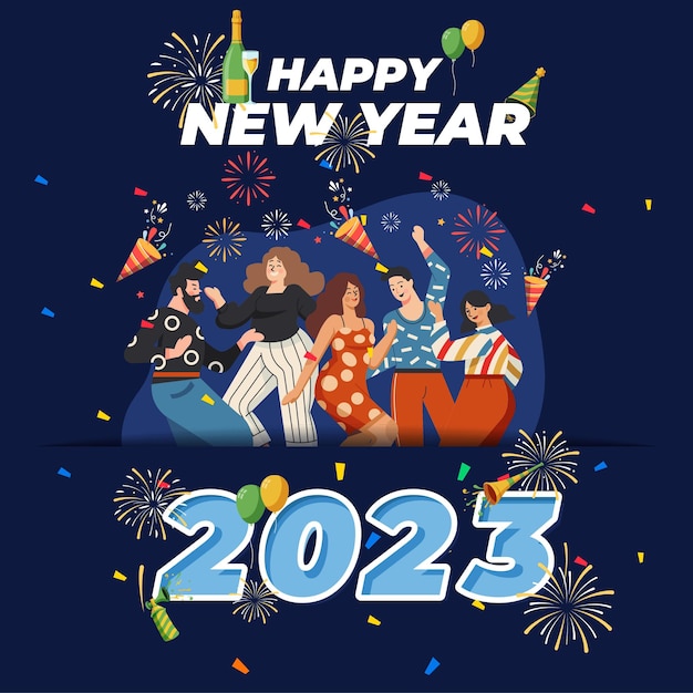 Feliz festa de ano novo 2023 design plano inclui celebração de festa de pessoas