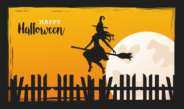 Feliz festa de halloween com bruxa voando em vassoura e lua design de ilustração vetorial