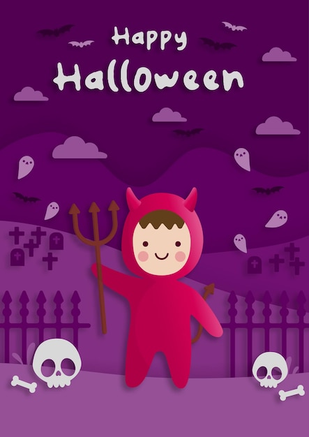 Feliz festa de Halloween em estilo de arte de papel com criança vestindo uma fantasia de diabo vermelho. cartão de felicitações, cartazes e papel de parede. Ilustração vetorial.