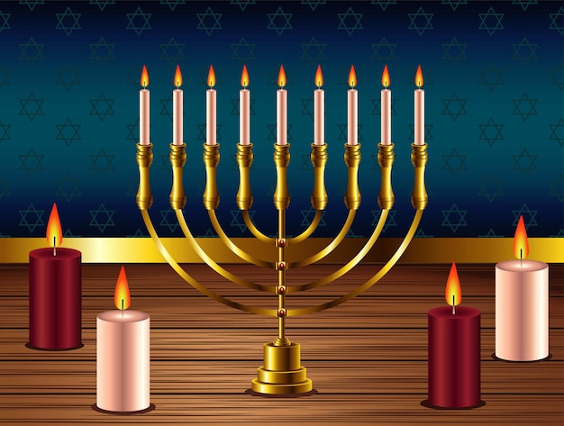 Feliz festa de hanukkah com lustre dourado e velas