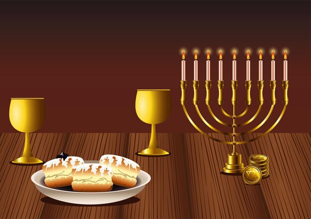 Feliz festa de hanukkah com lustre e donuts na mesa de madeira