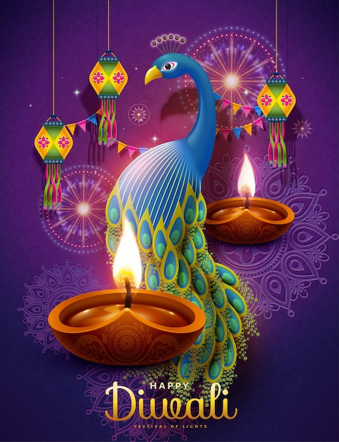 Feliz festival de Diwali com lâmpadas a óleo e pavão auspicioso em fundo roxo rangoli