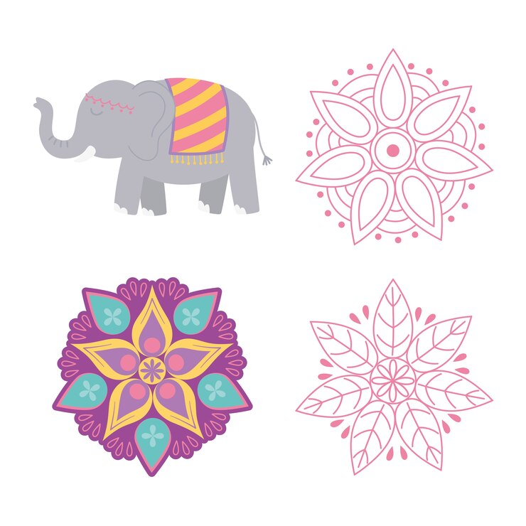 Vetor feliz festival de diwali, flores de mandala floral e ícones de elefante.