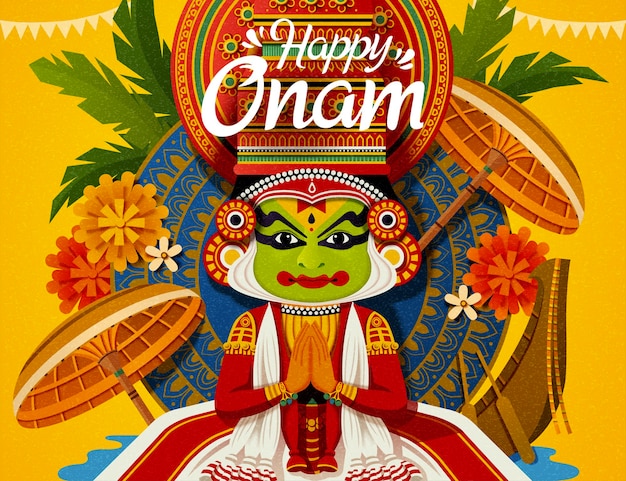 Feliz festival de Onam com elementos de dançarina Kathakali e barco cobra