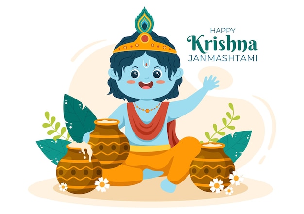 Feliz festival krishna janmashtami da índia em ilustração plana dos desenhos animados