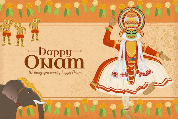 Feliz festival onam com dançarina kathakali e procissão de elefantes