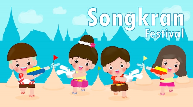 Feliz festival songkran, as crianças gostam de jogar água no festival songkran