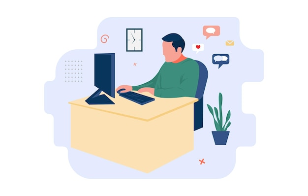 Feliz freelancer com computador em casa ou escritório jovem sentado em uma cadeira e usando laptop