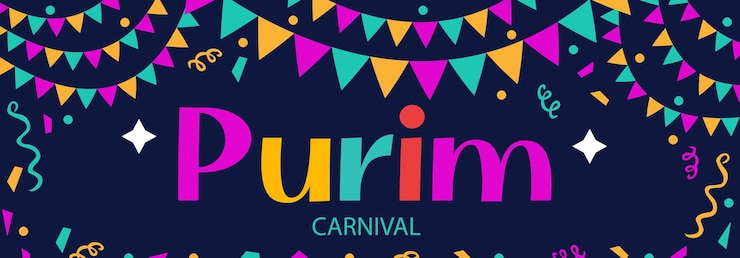 Vetor feliz fundo de feriado judaico de purim e banner de feira de diversões de carnaval com máscaras de carnaval e itens tradicionais judaicos ilustração vetorial