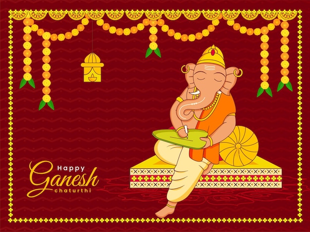 Feliz ganesh chaturthi celebração fundo com lord ganesha escrevendo na ilustração de folha.