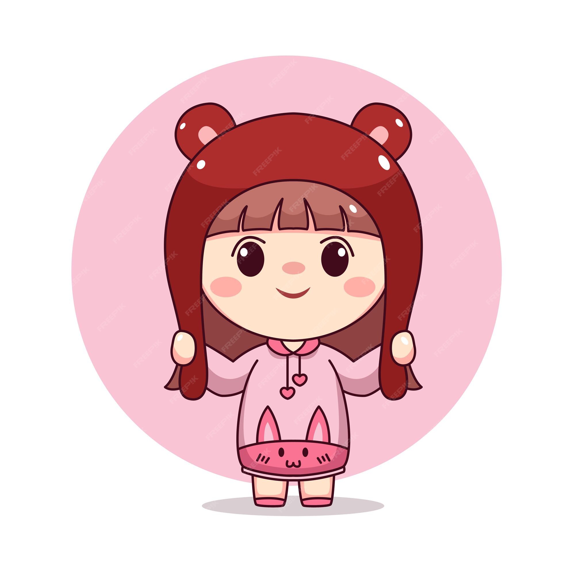 Feliz garota fofa e kawaii com design de personagens de manga chibi de  desenho de coelhinho com capuz rosa