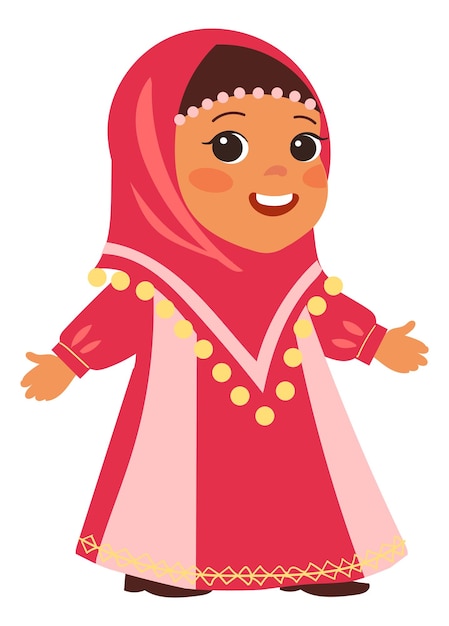 Feliz garota muçulmana no tradicional lenço vermelho hijab