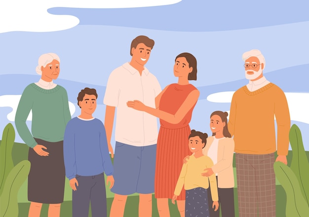 Feliz grande família Crianças pai mãe e avós juntos Geração de pais desenho animado ilustração vetorial de família feliz juntos