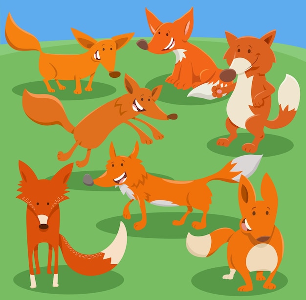 Feliz grupo de personagens de animais selvagens de raposas de desenho animado