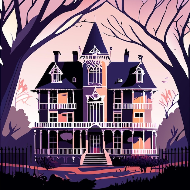 Vetor feliz halloween com noite e castelo assustador desenhado à mão adesivo de desenho animado plano e elegante