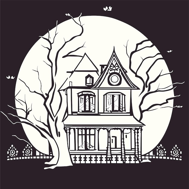 Vetor feliz halloween com noite e castelo assustador desenhado à mão adesivo de desenho animado plano e elegante