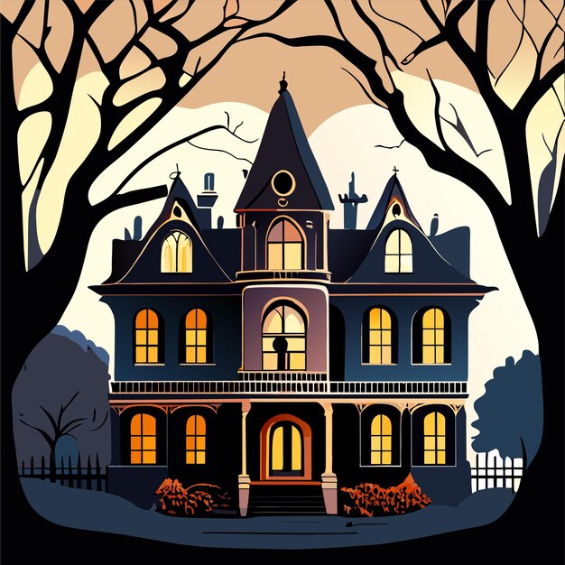 Vetor feliz halloween com noite e castelo assustador desenhado à mão adesivo de desenho animado plano e elegante