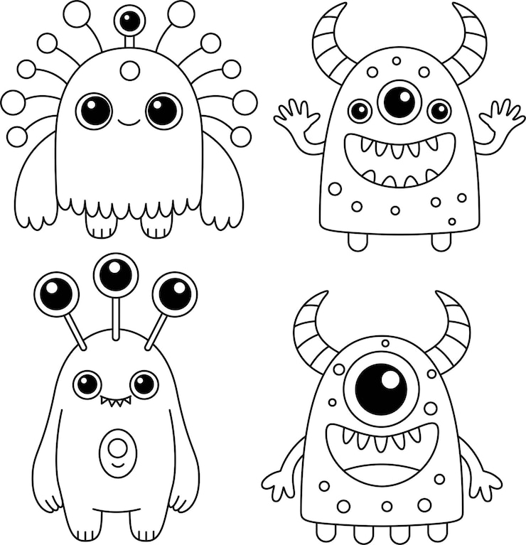 Vetor feliz halloween conjunto de monstros engraçados silhueta colorida personagem de desenho animado kawaii bebê olhos dentes de chifre língua de dente