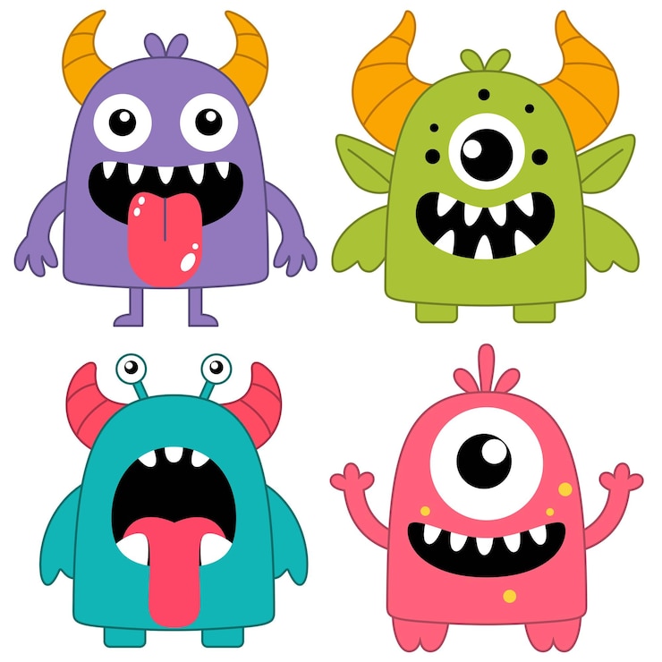 Vetor feliz halloween conjunto de monstros engraçados silhueta colorida personagem de desenho animado kawaii bebê