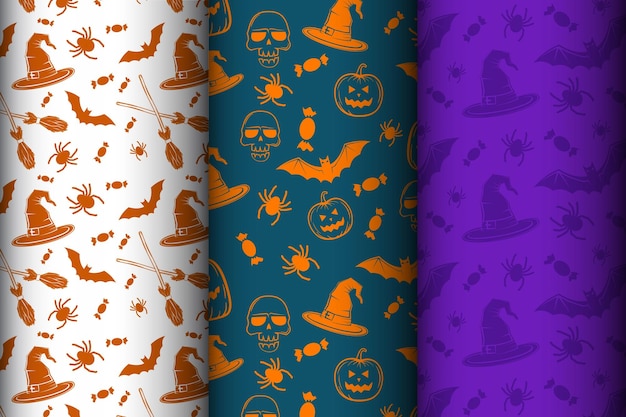 Vetor feliz halloween conjunto de padrões sem costura com símbolos tradicionais de férias crânios morcegos abóboras fantasmas aranhas e coleção de vetores web de padrões