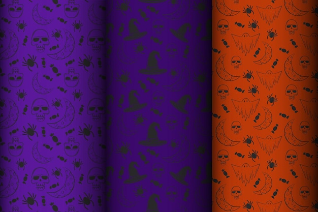 Vetor feliz halloween conjunto de padrões sem costura com símbolos tradicionais de férias crânios morcegos abóboras fantasmas aranhas e coleção de vetores web de padrões