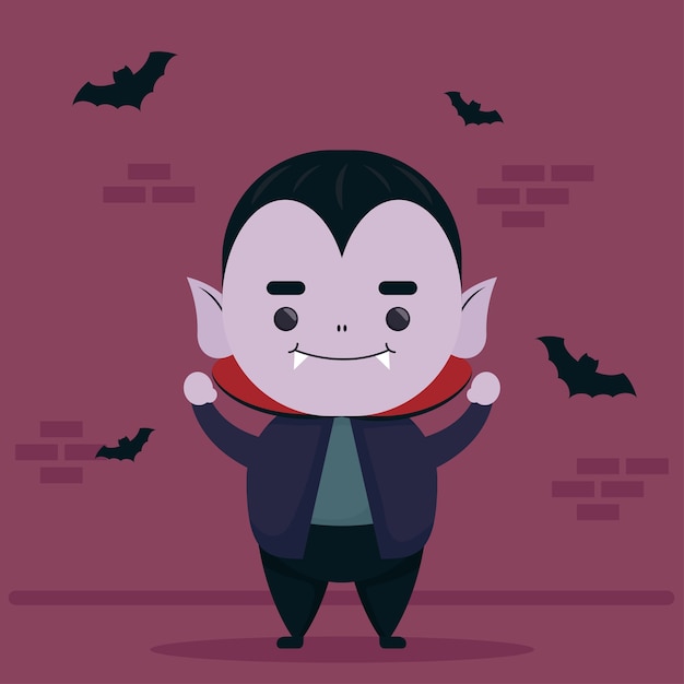 Vetor feliz halloween fofo personagem drácula e morcegos voando