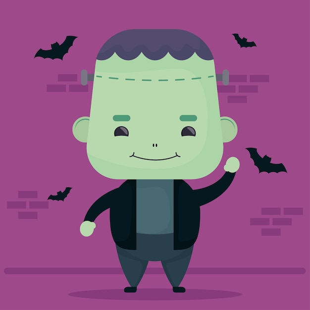 Feliz halloween fofo personagem frankenstein e morcegos voando