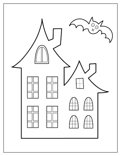 Feliz halloween para colorir com casa assustadora e morcego. impressão de noite de halloween para livro de colorir