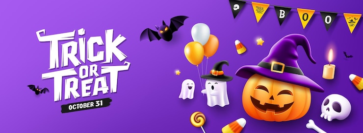 Vetor feliz halloween truque ou tratar mensagem de texto chapéu de abóbora sorriso fantasma segurando um morcego balão voando
