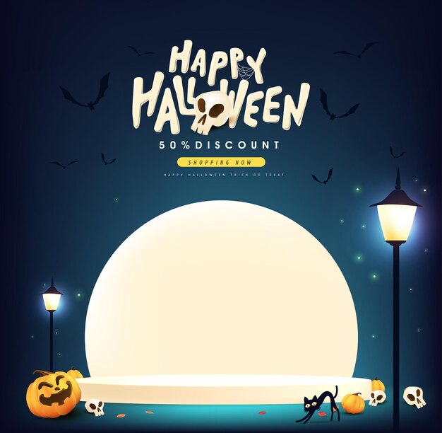 Vetor feliz halloween venda banner lua cena noturna com exibição de produto e espaço de cópia