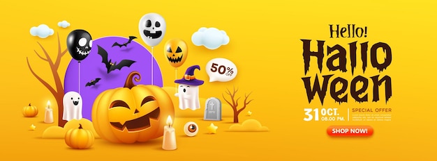Vetor feliz halloween, venda de abóbora laranja, sorriso, morcego, fantasmas de velas voadoras e banner de balão colorido