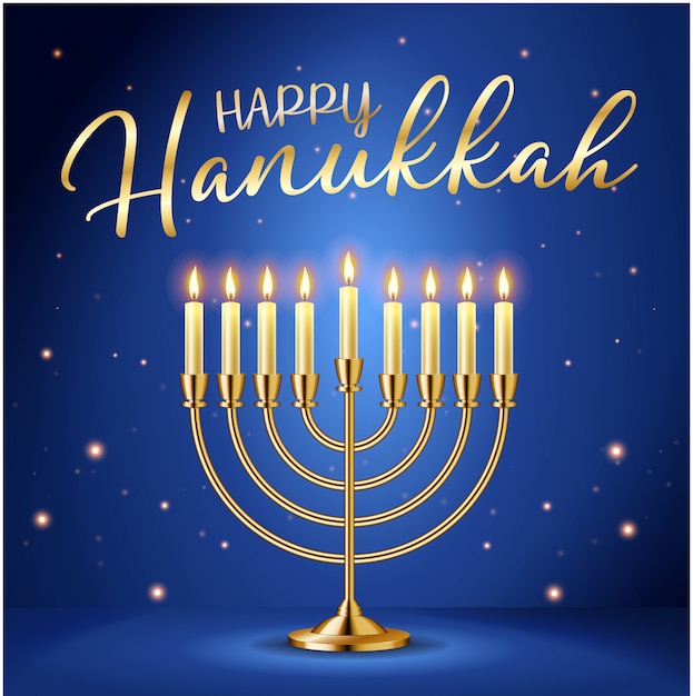 Vetor feliz hanukkah cartão com inscrição ouro e menorá dourada realista