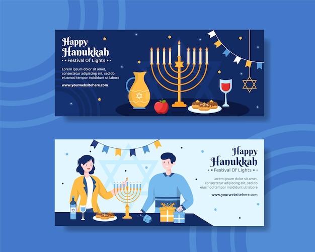Feliz hanukkah feriado judaico modelo de banner horizontal mão desenhada cartoon ilustração plana